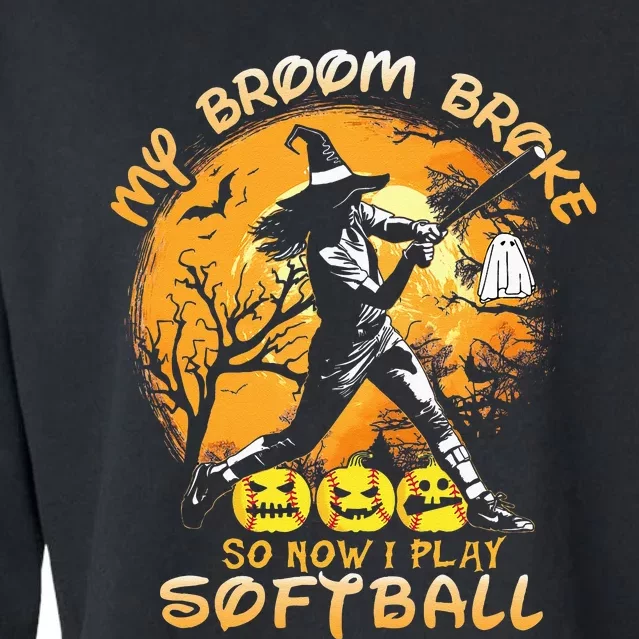 My Broom Broke So Now I Play Softball Baseball Halloween Cropped Pullover Crew