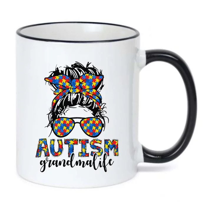 Messy Bun Bandana Grandma Support Women Autism Awareness Black Color Changing Mug