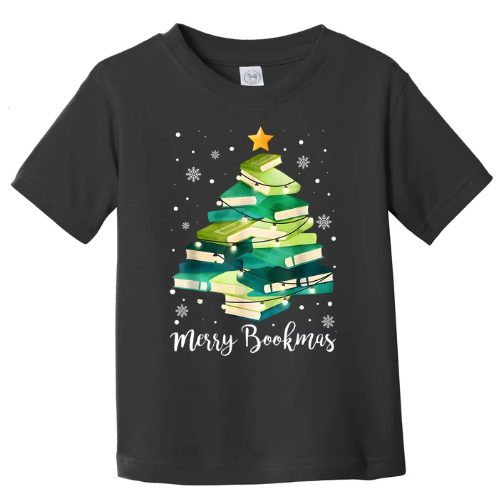 Merry Bookmas Books Pine Tree Funny Reading Lover Christmas Toddler T-Shirt