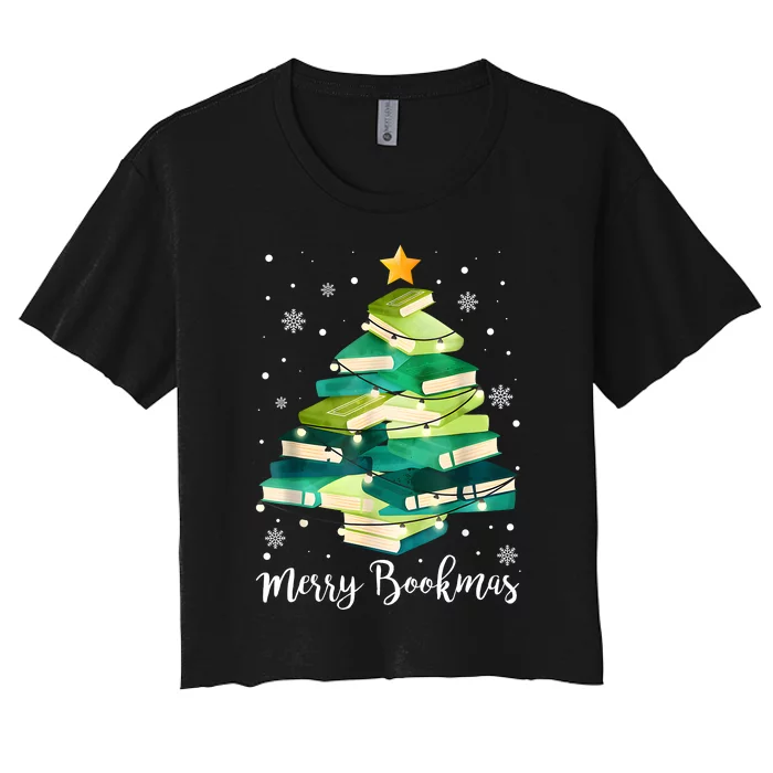 Merry Bookmas Books Pine Tree Funny Reading Lover Christmas Women's Crop Top Tee