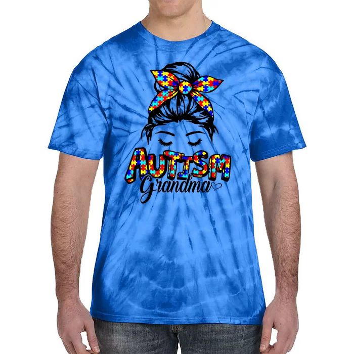 Messy Bun Bandana Grandma Support Autism Awareness Gift Tie-Dye T-Shirt