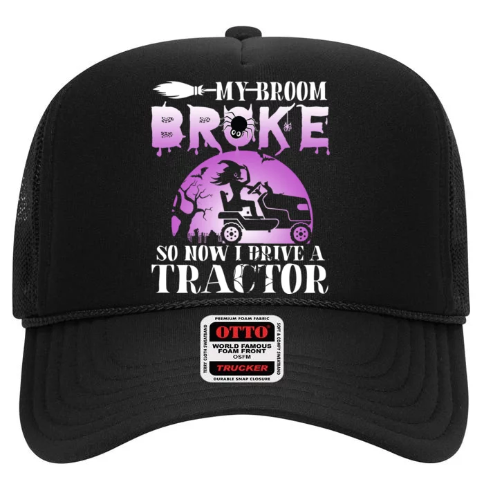 My Broom Broke So Now I Drive A Je.ep Funny Witch Halloween High Crown Mesh Trucker Hat