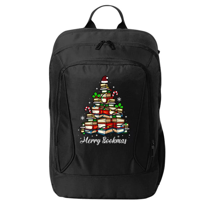 Merry Bookmas Books Christmas Tree Book Lover Santa Hat Xmas City Backpack