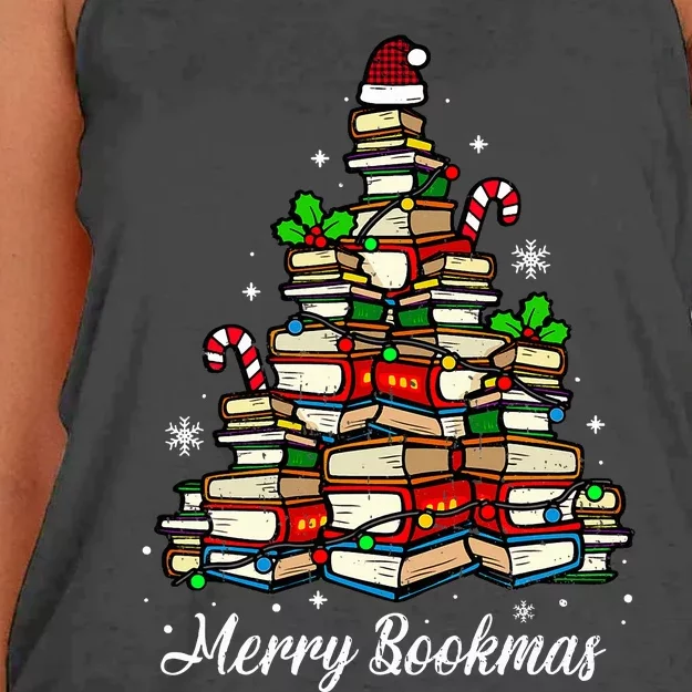 Merry Bookmas Books Christmas Tree Book Lover Santa Hat Xmas Women's Knotted Racerback Tank