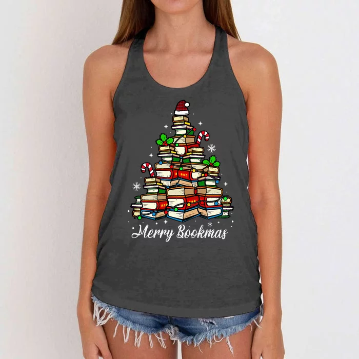 Merry Bookmas Books Christmas Tree Book Lover Santa Hat Xmas Women's Knotted Racerback Tank