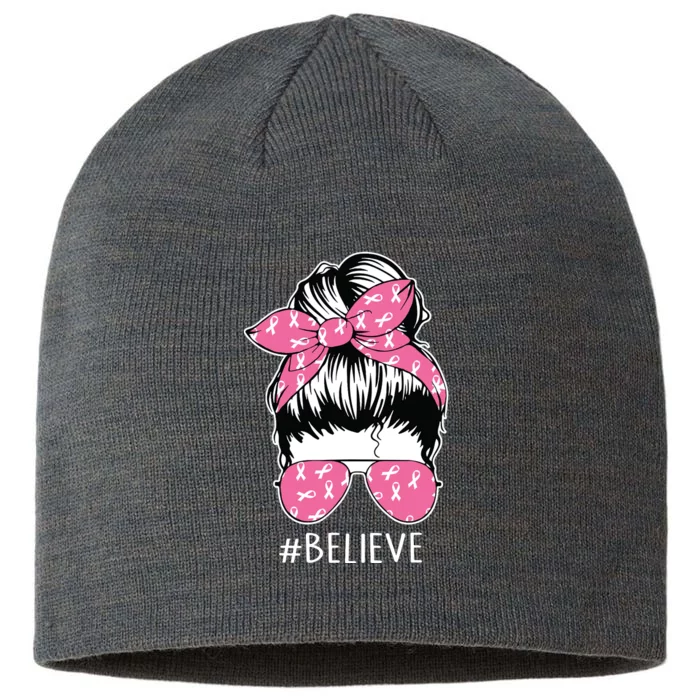 Messy Bun Breast Cancer Awareness Warrior Support Believe 8 1/2in Sustainable Knit Beanie