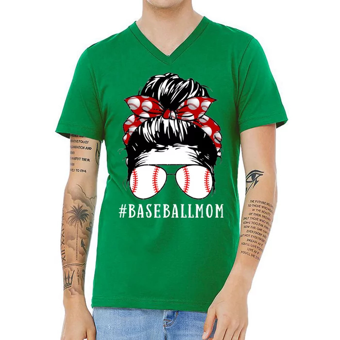 Messy Bun Baseball Mom V-Neck T-Shirt