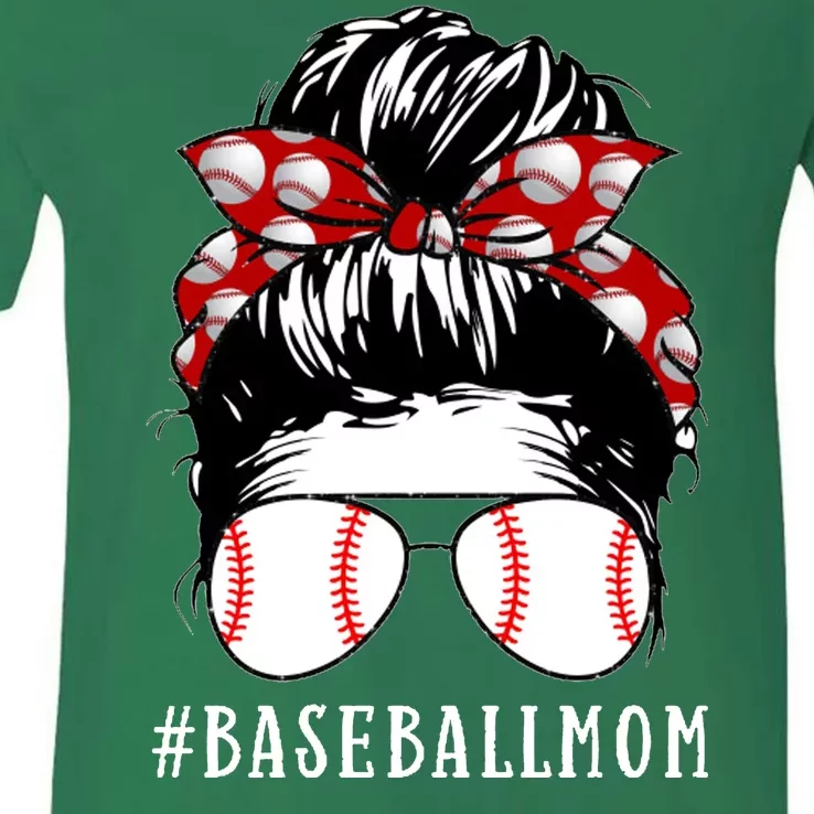 Messy Bun Baseball Mom V-Neck T-Shirt