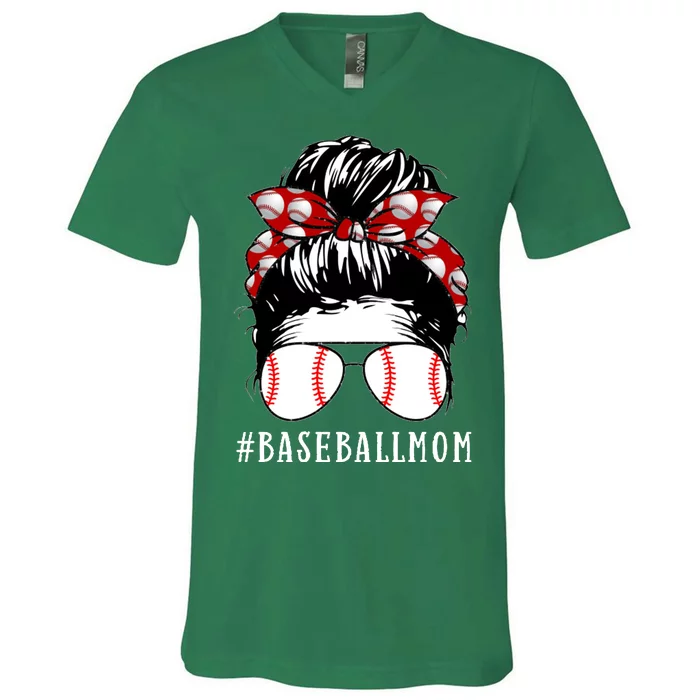 Messy Bun Baseball Mom V-Neck T-Shirt