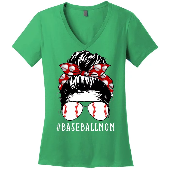 Messy Bun Baseball Mom Women's V-Neck T-Shirt