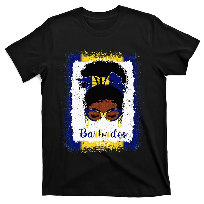 Messy Bun Barbados Flag Woman Girl T-Shirt