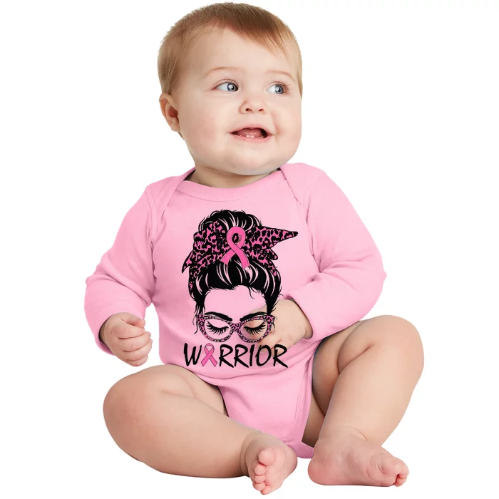 Messy Bun Breast Cancer Wear Pink Warrior Baby Long Sleeve Bodysuit