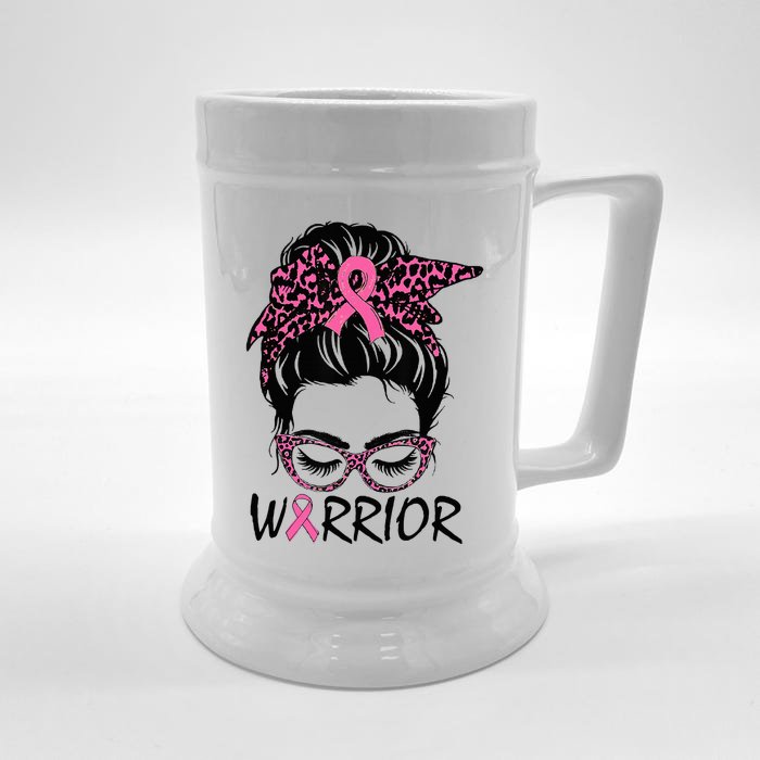 Messy Bun Breast Cancer Wear Pink Warrior Front & Back Beer Stein