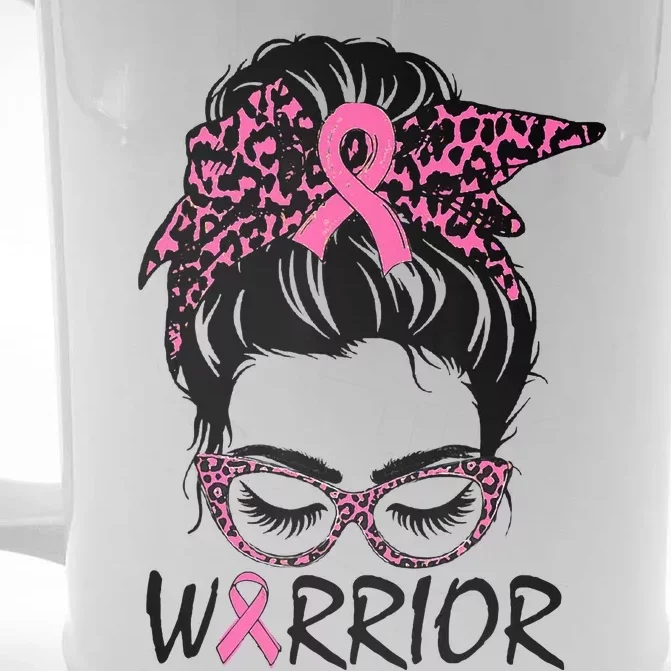 Messy Bun Breast Cancer Wear Pink Warrior Front & Back Beer Stein