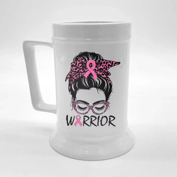 Messy Bun Breast Cancer Wear Pink Warrior Front & Back Beer Stein