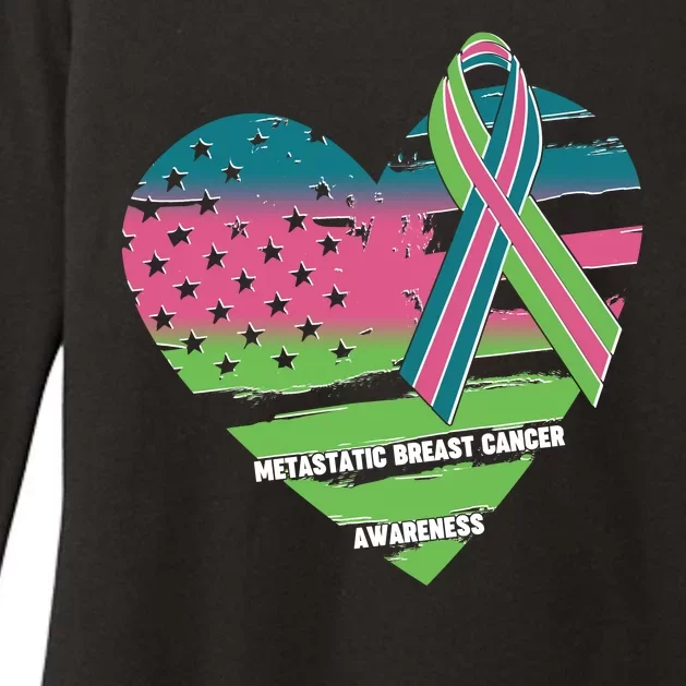 Metastatic Breast Cancer Awareness USA American Flag Ribbon Heart Womens CVC Long Sleeve Shirt