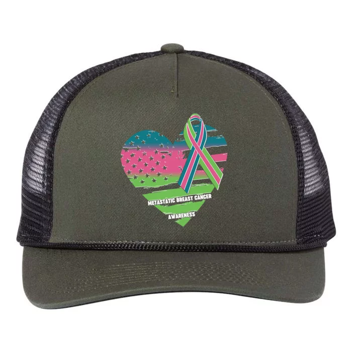 Metastatic Breast Cancer Awareness USA American Flag Ribbon Heart Retro Rope Trucker Hat Cap