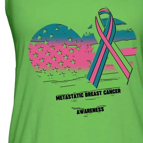 Metastatic Breast Cancer Awareness USA American Flag Ribbon Heart Ladies Essential Flowy Tank