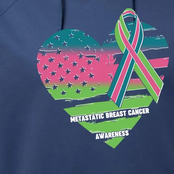 Metastatic Breast Cancer Awareness USA American Flag Ribbon Heart Performance Fleece Hoodie