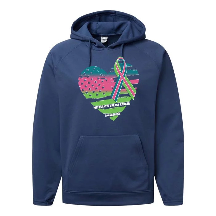 Metastatic Breast Cancer Awareness USA American Flag Ribbon Heart Performance Fleece Hoodie