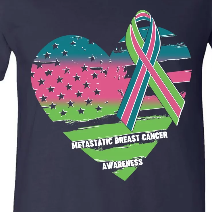 Metastatic Breast Cancer Awareness USA American Flag Ribbon Heart V-Neck T-Shirt