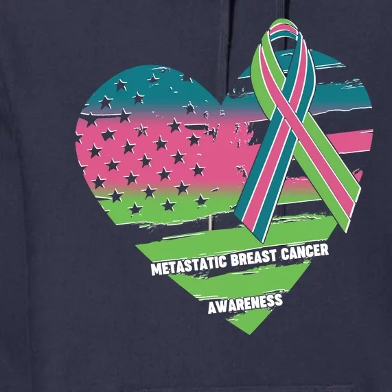 Metastatic Breast Cancer Awareness USA American Flag Ribbon Heart Premium Hoodie