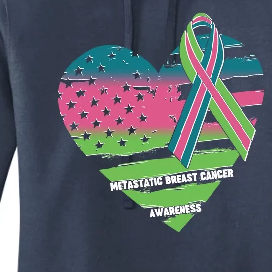 Metastatic Breast Cancer Awareness USA American Flag Ribbon Heart Women's Pullover Hoodie