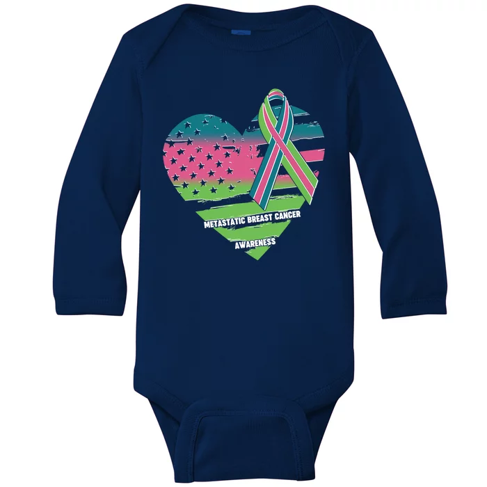 Metastatic Breast Cancer Awareness USA American Flag Ribbon Heart Baby Long Sleeve Bodysuit