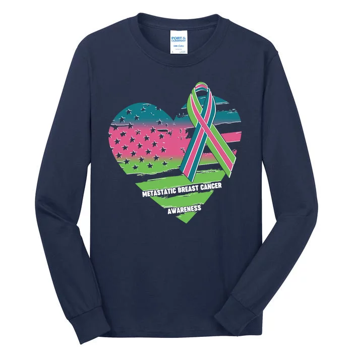 Metastatic Breast Cancer Awareness USA American Flag Ribbon Heart Tall Long Sleeve T-Shirt