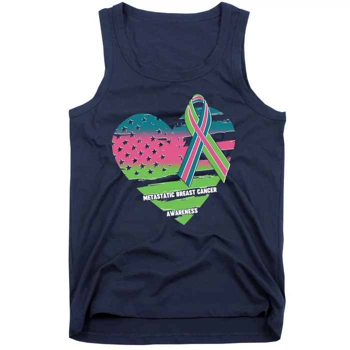 Metastatic Breast Cancer Awareness USA American Flag Ribbon Heart Tank Top