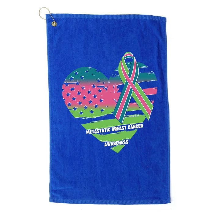 Metastatic Breast Cancer Awareness USA American Flag Ribbon Heart Platinum Collection Golf Towel