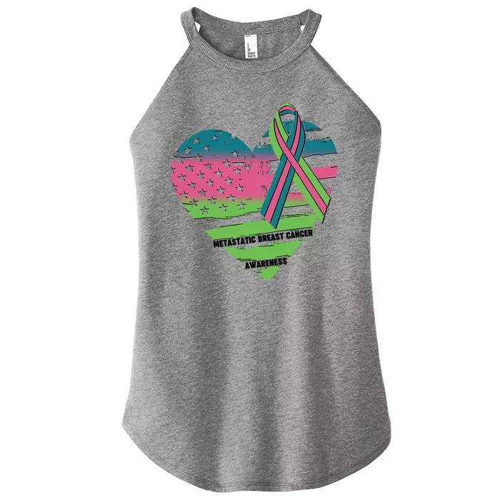 Metastatic Breast Cancer Awareness USA American Flag Ribbon Heart Women’s Perfect Tri Rocker Tank