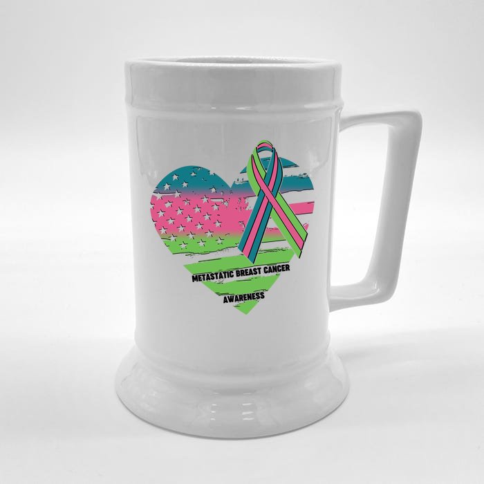 Metastatic Breast Cancer Awareness USA American Flag Ribbon Heart Front & Back Beer Stein