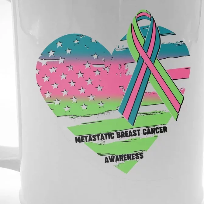 Metastatic Breast Cancer Awareness USA American Flag Ribbon Heart Front & Back Beer Stein