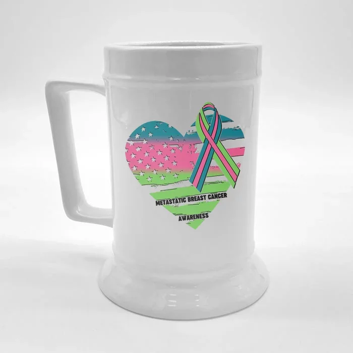 Metastatic Breast Cancer Awareness USA American Flag Ribbon Heart Front & Back Beer Stein