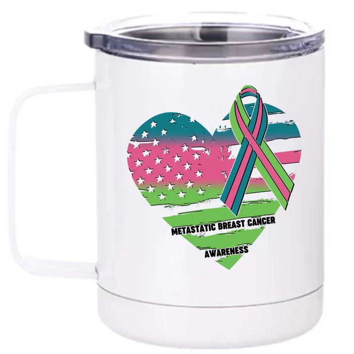 Metastatic Breast Cancer Awareness USA American Flag Ribbon Heart Front & Back 12oz Stainless Steel Tumbler Cup