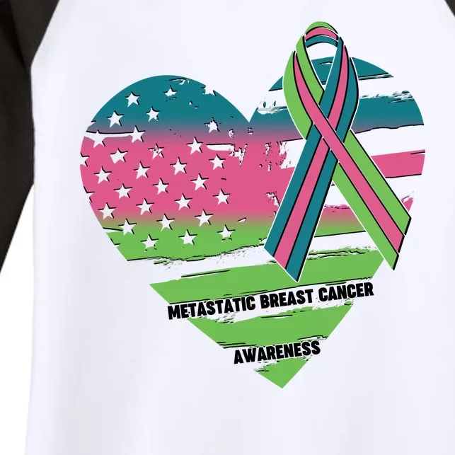 Metastatic Breast Cancer Awareness USA American Flag Ribbon Heart Women's Tri-Blend 3/4-Sleeve Raglan Shirt