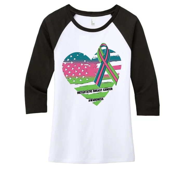 Metastatic Breast Cancer Awareness USA American Flag Ribbon Heart Women's Tri-Blend 3/4-Sleeve Raglan Shirt