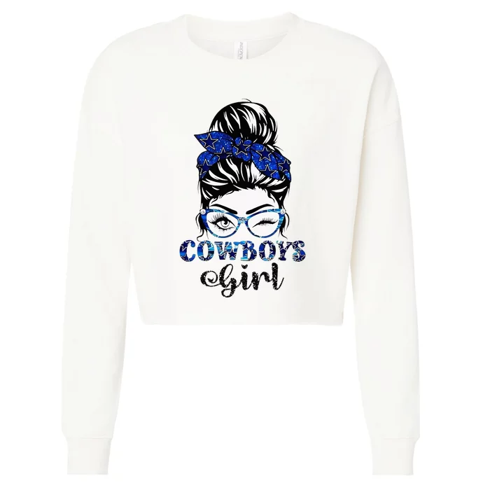 Messy Bun Cowboys Girl Sport Fan Cropped Pullover Crew