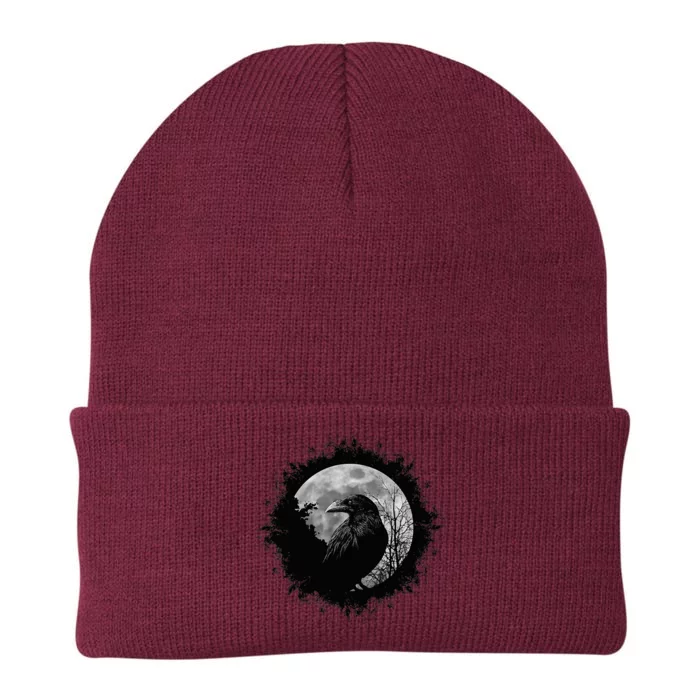 Mystic Black Crow Artwork Full Moon Raven Knit Cap Winter Beanie