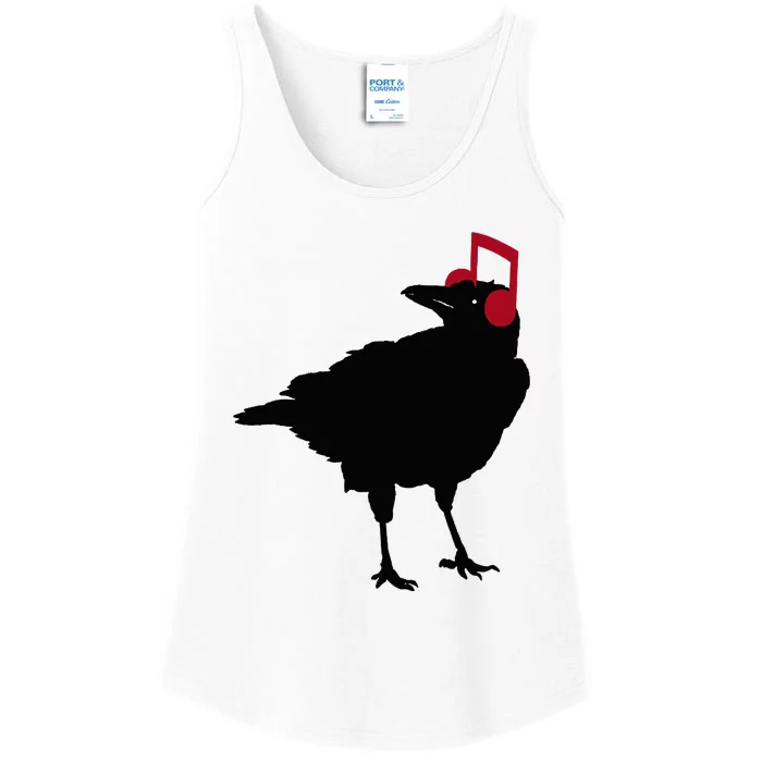 Music Bird Crow Musical Note A Black Crow A Red Headphone Ladies Essential Tank