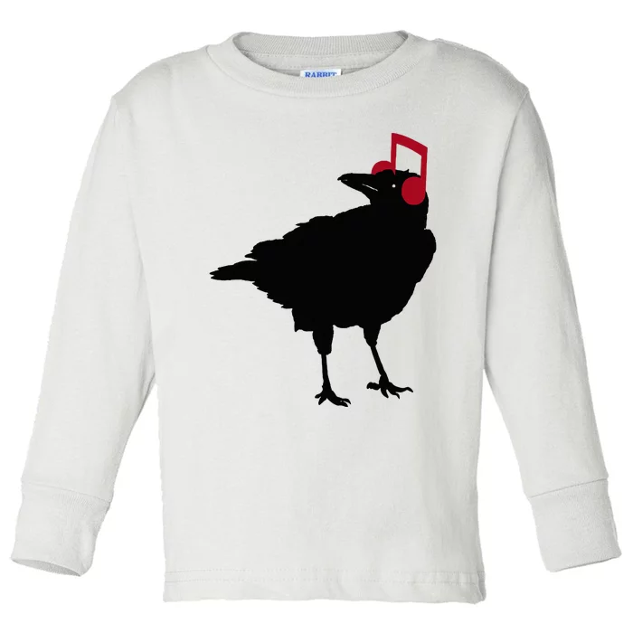 Music Bird Crow Musical Note A Black Crow A Red Headphone Toddler Long Sleeve Shirt