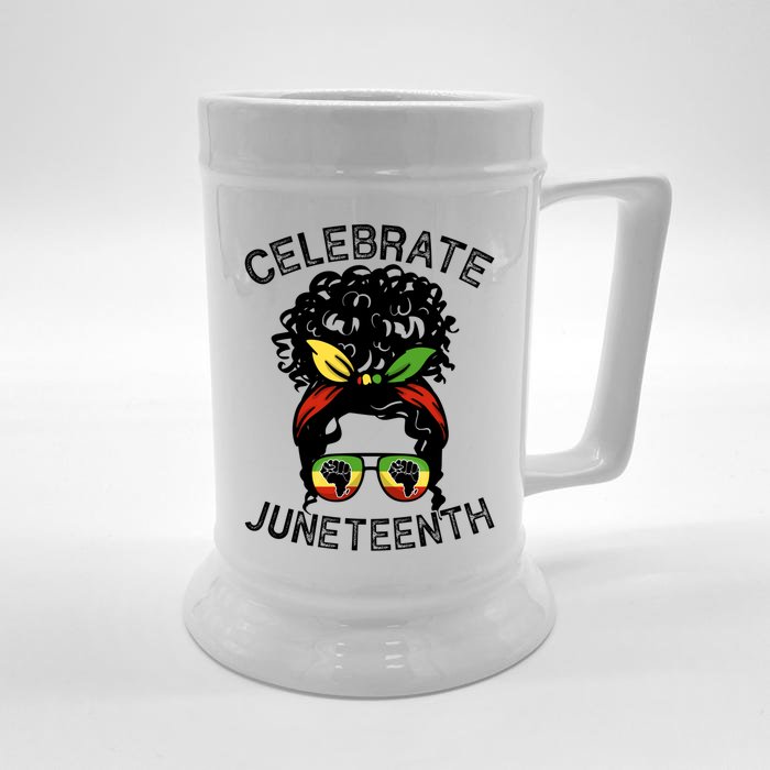 Messy Bun Celebrate Juneteenth Black Pride Indepedence Gift Front & Back Beer Stein