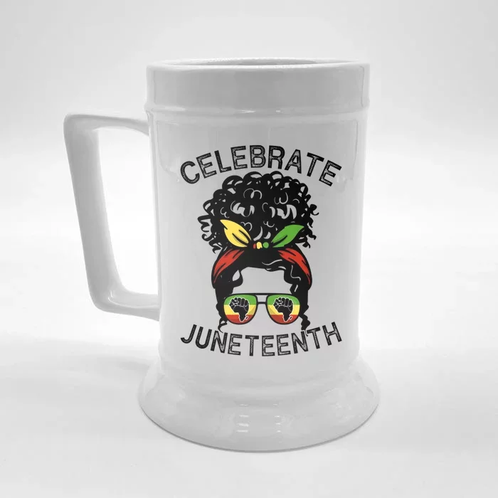 Messy Bun Celebrate Juneteenth Black Pride Indepedence Gift Front & Back Beer Stein