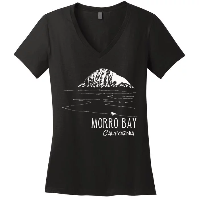 Morro Bay California Morro Rock Ca Drawing Souvenir Line Art Women's V-Neck T-Shirt