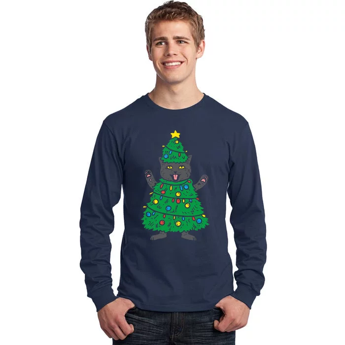 Meowy Black Cat Christmas Tree Funny Kitten Cat Owner Tall Long Sleeve T-Shirt