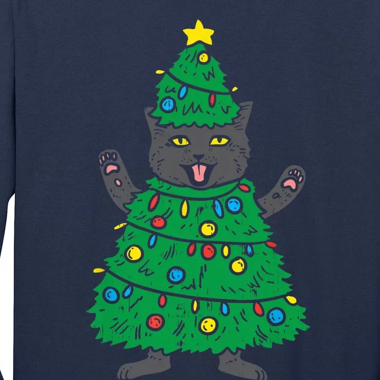 Meowy Black Cat Christmas Tree Funny Kitten Cat Owner Tall Long Sleeve T-Shirt