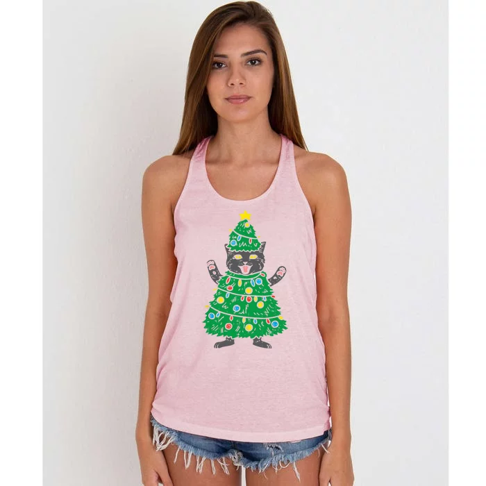 Meowy Black Cat Christmas Tree Funny Kitten Cat Owner Women's Knotted Racerback Tank