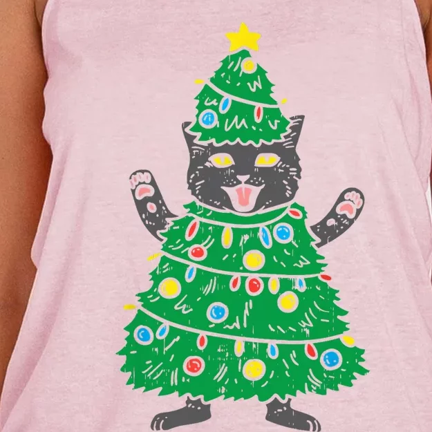 Meowy Black Cat Christmas Tree Funny Kitten Cat Owner Women's Knotted Racerback Tank