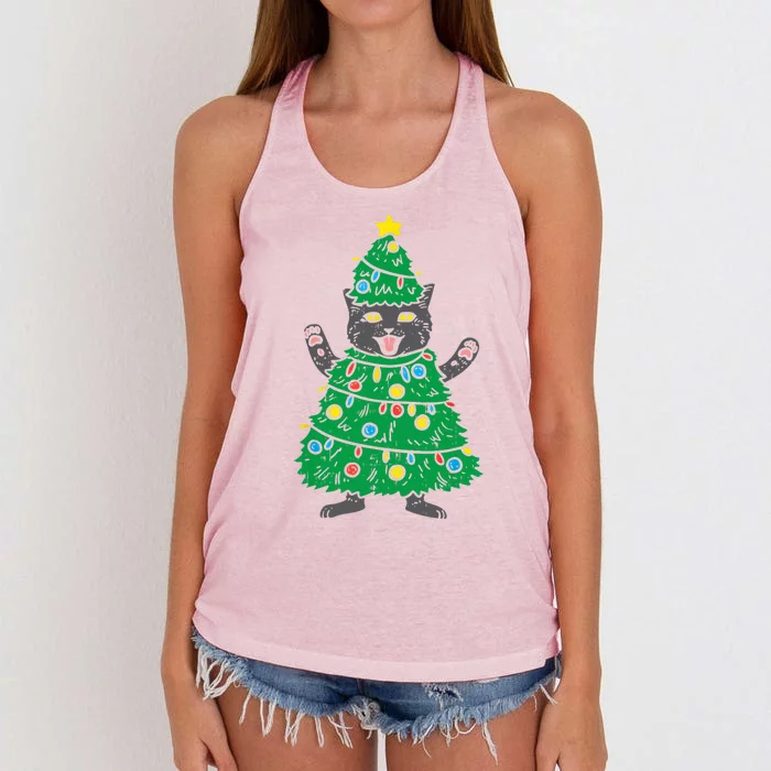 Meowy Black Cat Christmas Tree Funny Kitten Cat Owner Women's Knotted Racerback Tank